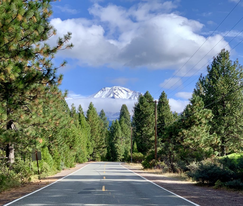 One week California road trip view of Mount Shasta from hotel accomodations on road