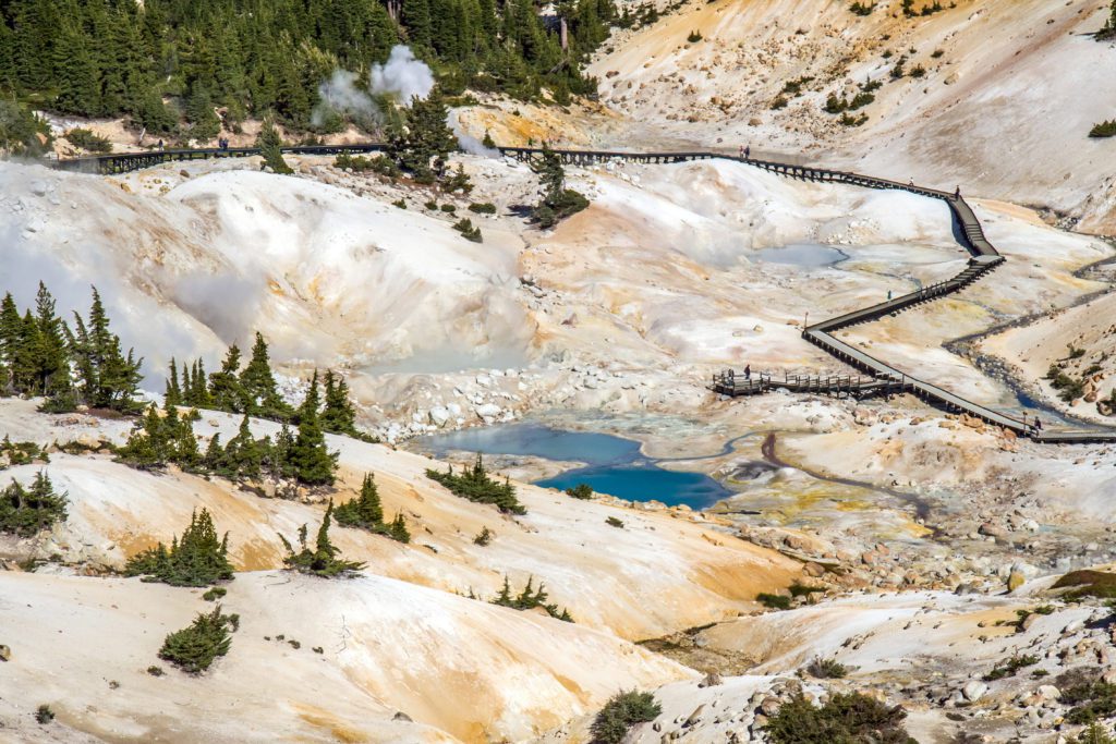 One week California road trip view of  Sulphur Works Hydrothermal Area with snow on the ground