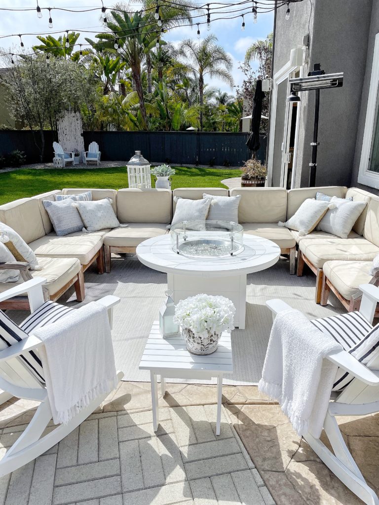 Pottery barn outdoor sectional and Polywood firepit for a backyard oasis