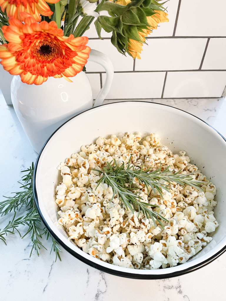 The Last Stovetop Popcorn Recipe you Will Ever Need. browned butter and herb homemade popcorn. Best Popcorn recipe How to pop popcorn - quartz countertops white subway tile