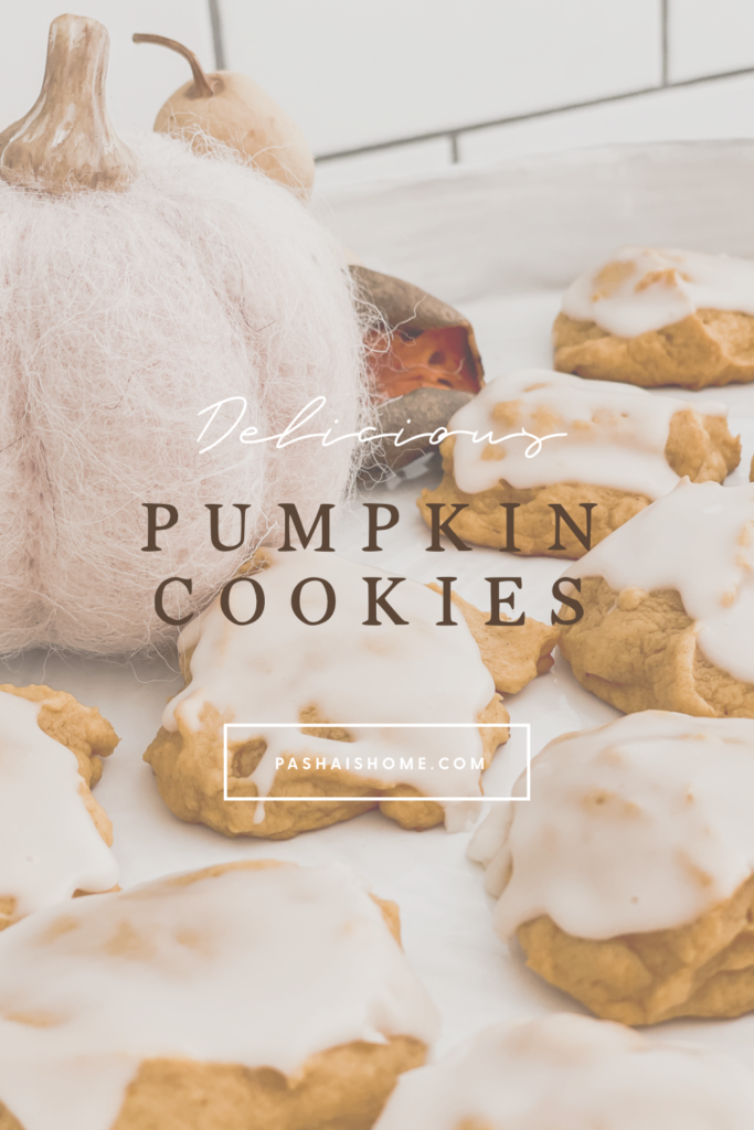 Pumpkin Cookie recipe that will surely be a fall favorite as they are a soft pumpkin cookie on a pretty white cake stand.  Wall color is Sherwin Williams Accessible Beige.  Countertops are white quartz and backsplash is white subway tile with gray grout.