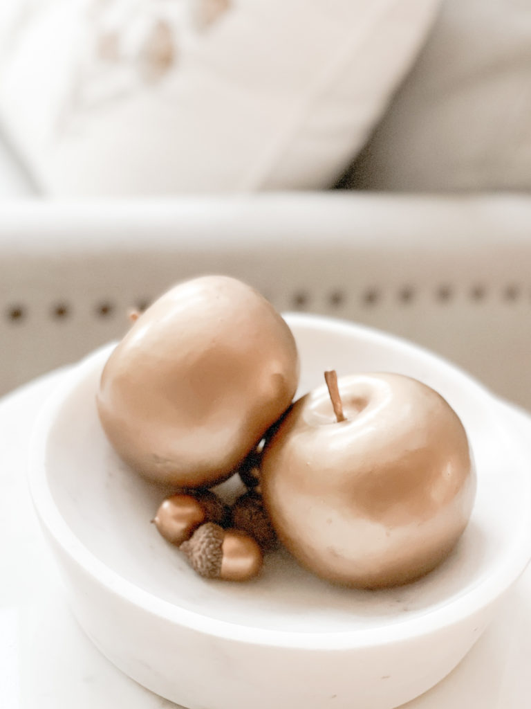 Gold apples in a marble bowl | Simple Fall decorating ideas to get excited about
