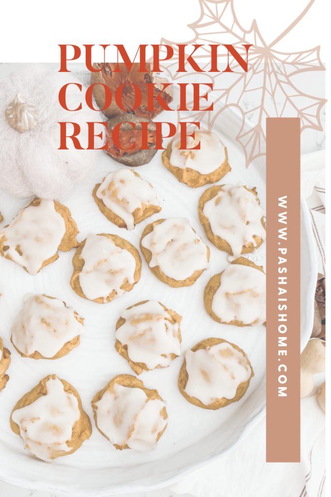 Pumpkin Cookie recipe that will surely be a fall favorite as they are a soft pumpkin cookie on a pretty white cake stand.  Wall color is Sherwin Williams Accessible Beige.  Perimeter countertops are white quartz and island is soapstone.  Backsplash is white subway tile with gray grout.
