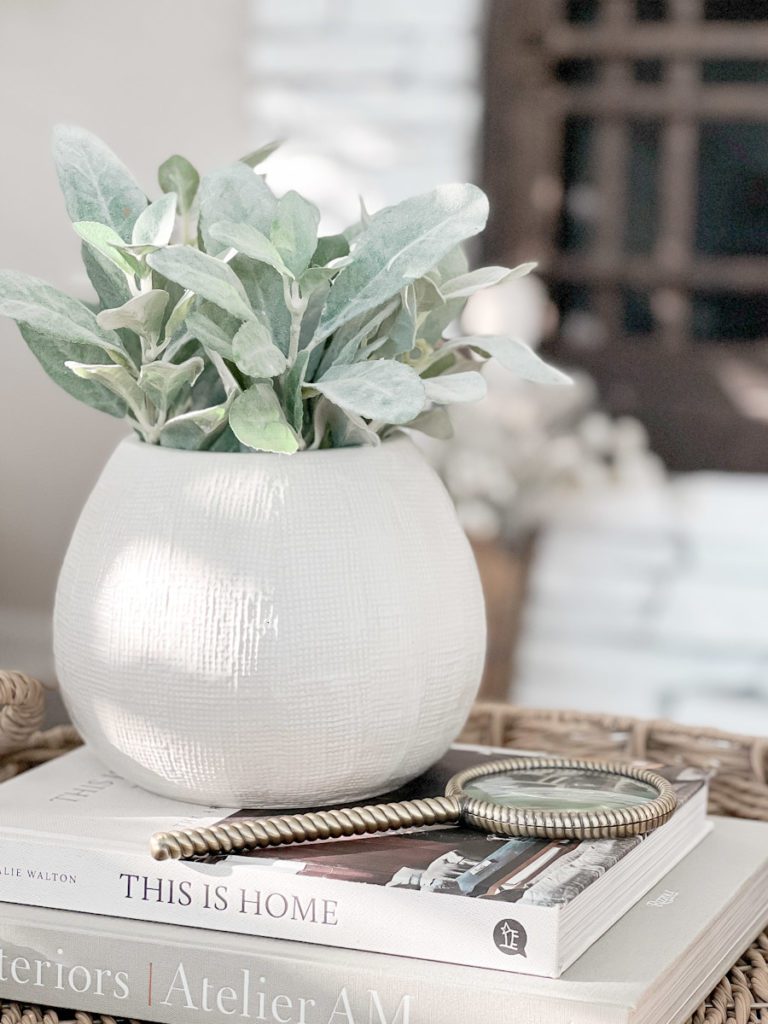 Family room coffee table decor with coffee table books, vase with green stems, and a magnifying glass