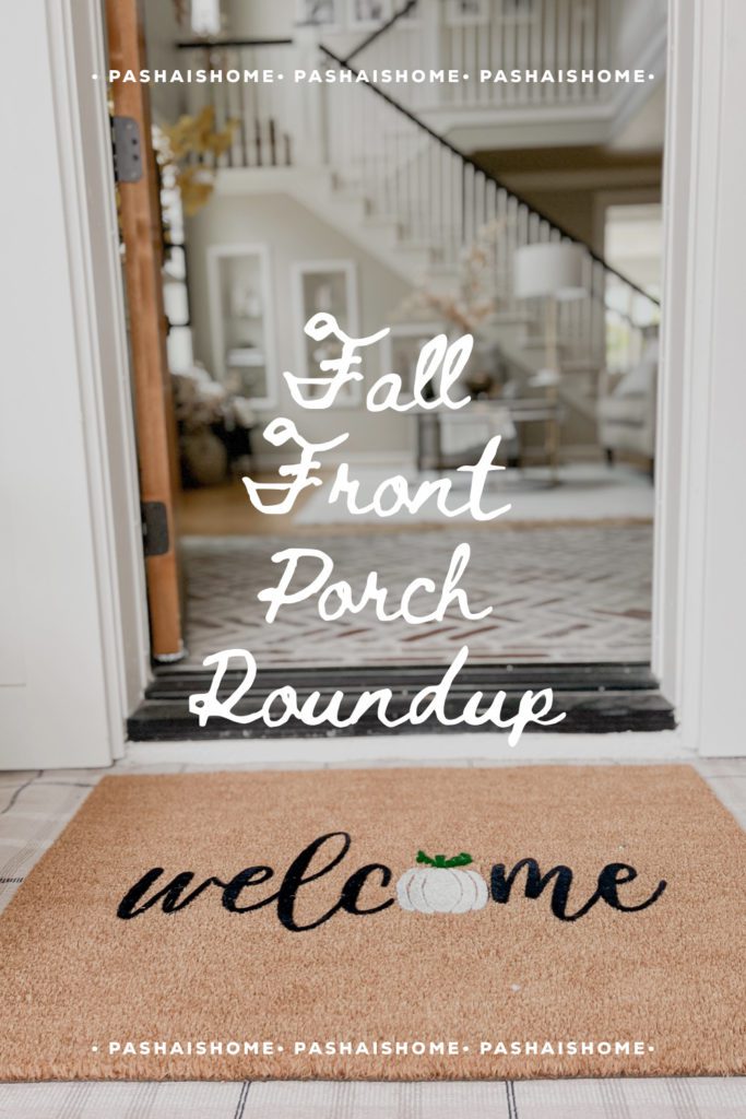 Fall front porch pinterest graphic with welcome mat and pumpkins