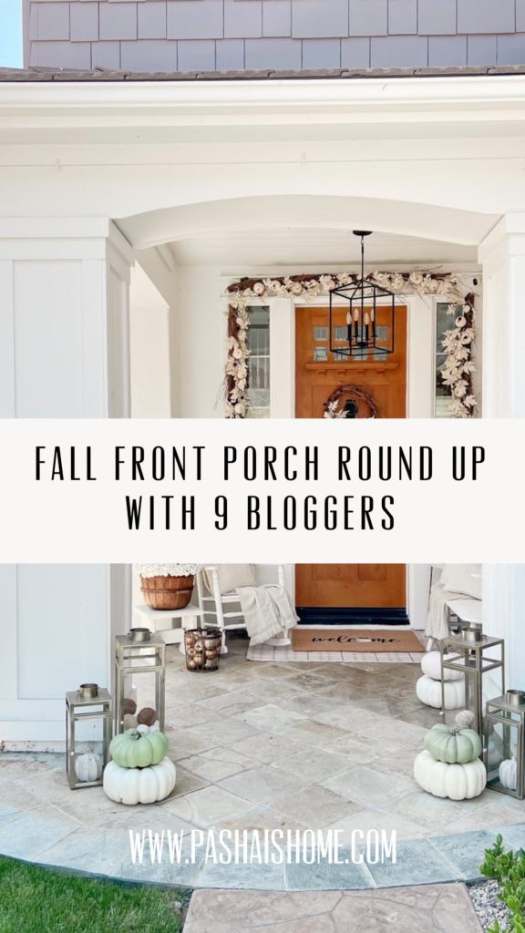 fall front porch inspiration roundup pinterest pin with white leaf garland and wreath and gold lanterns