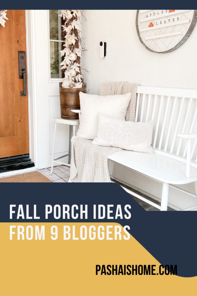Fall front porch pinterest pin graphic with a white bench and beige throw and pumpkin pillow
