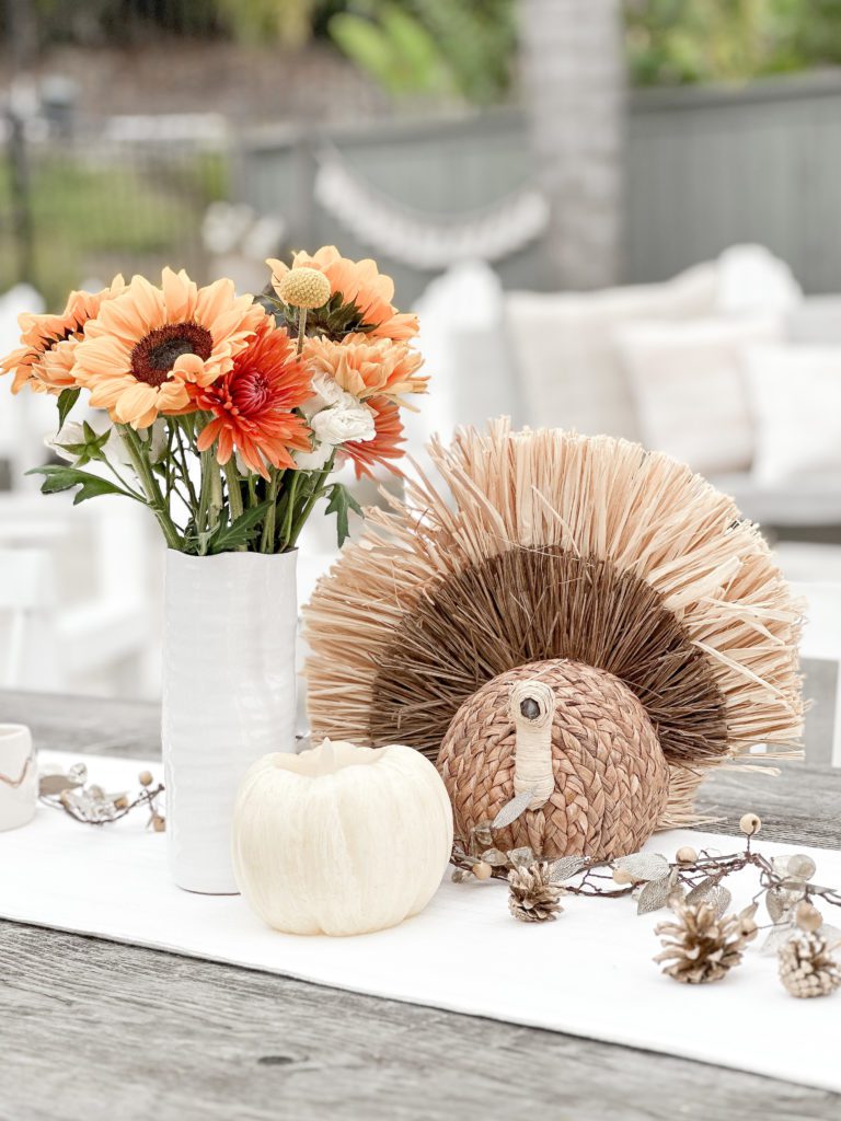 How to Set The Perfect Friendsgiving Table | How to set a Thanksgiving table | Items to use for a Friendsgiving or Thanksgiving dinner party | Thanksgiving table decor | Thanksgiving napkins | Thanksgiving centerpieces | Friendsgiving centerpieces | How to host a Friendsgiving dinner party | Urban Stems fall floral bouquets | Woven turkey in middle of table 
