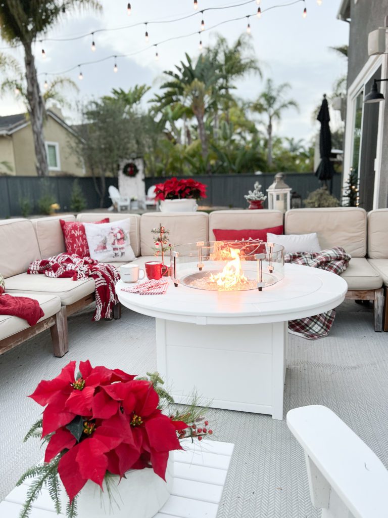 How to decorate your outdoor spaces for Christmas | Outdoor holiday decor | Holiday decor outside | Backyard decorations | Backyard holiday decor | Firepit sitting | Christmas front porch | Christmas decor | Holiday front porch decor | Decorated holiday spaces 