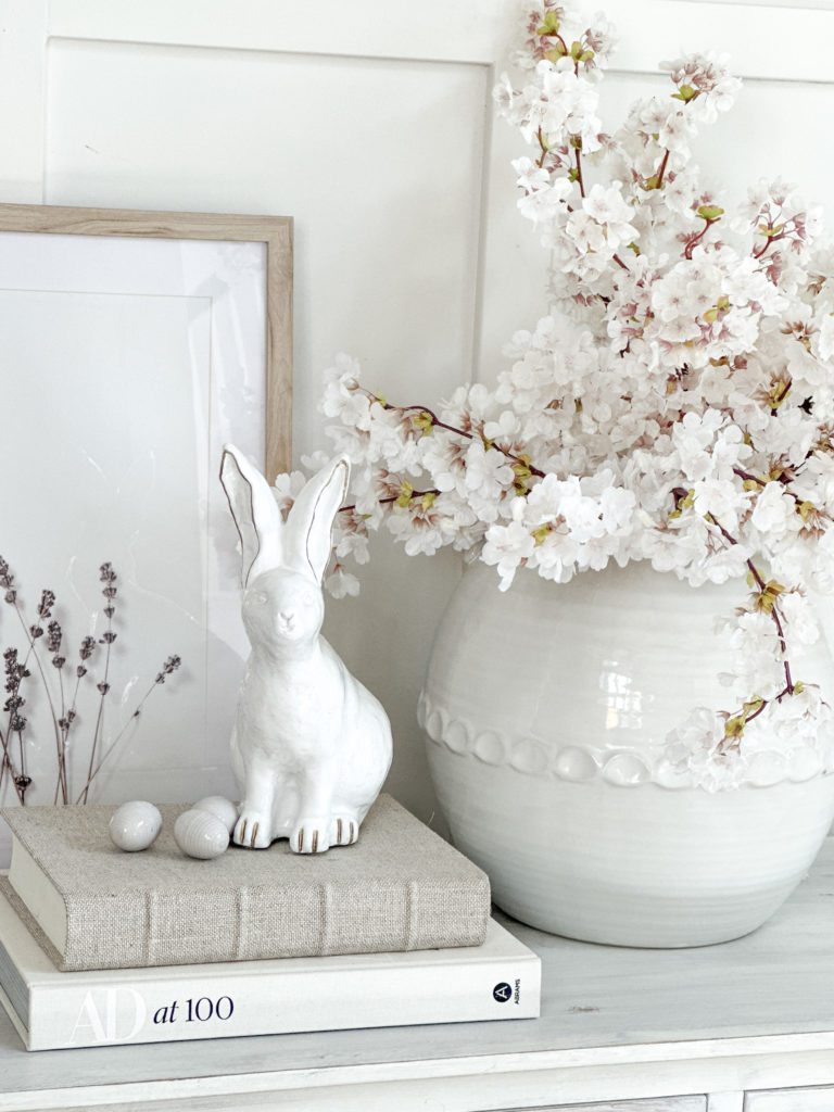 How to use Easter bunny decor in a classy way | Where to use Easter bunnies in your home | Ceramic Easter bunny decor | Easter eggs in a nest | Kitchen Easter decor | How to decorate for Easter | Simple Easter decor | Quick ways to decorate for Easter 