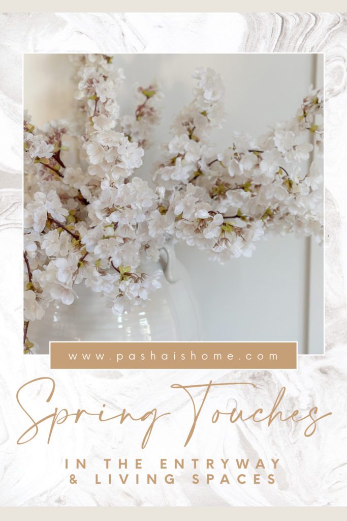 Add simple spring touches to your entryway and living spaces | Using tulips and bunnies in your spring home | The best faux tulips | Where to use faux cherry blossoms | Where to put ceramic bunnies for spring decor | Sherwin Williams Accessible Beige | German schmeared brick floors | Family room spring decor ideas | Entryway spring decor | Easter home tour | How to decorate for spring 