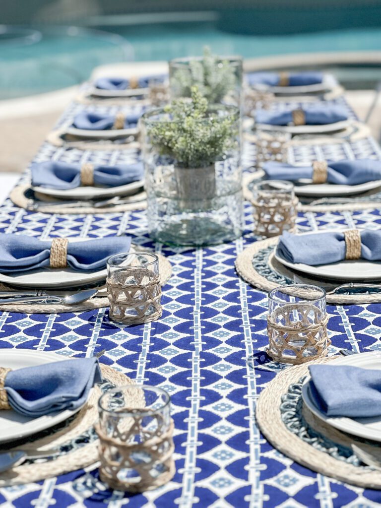 effortless Father's Day table ideas | Blue table linens | Neutral wrapped tumblers | Bright table ideas | summer tablescapes | outdoor summer dining | Father's Day gathering ideas 