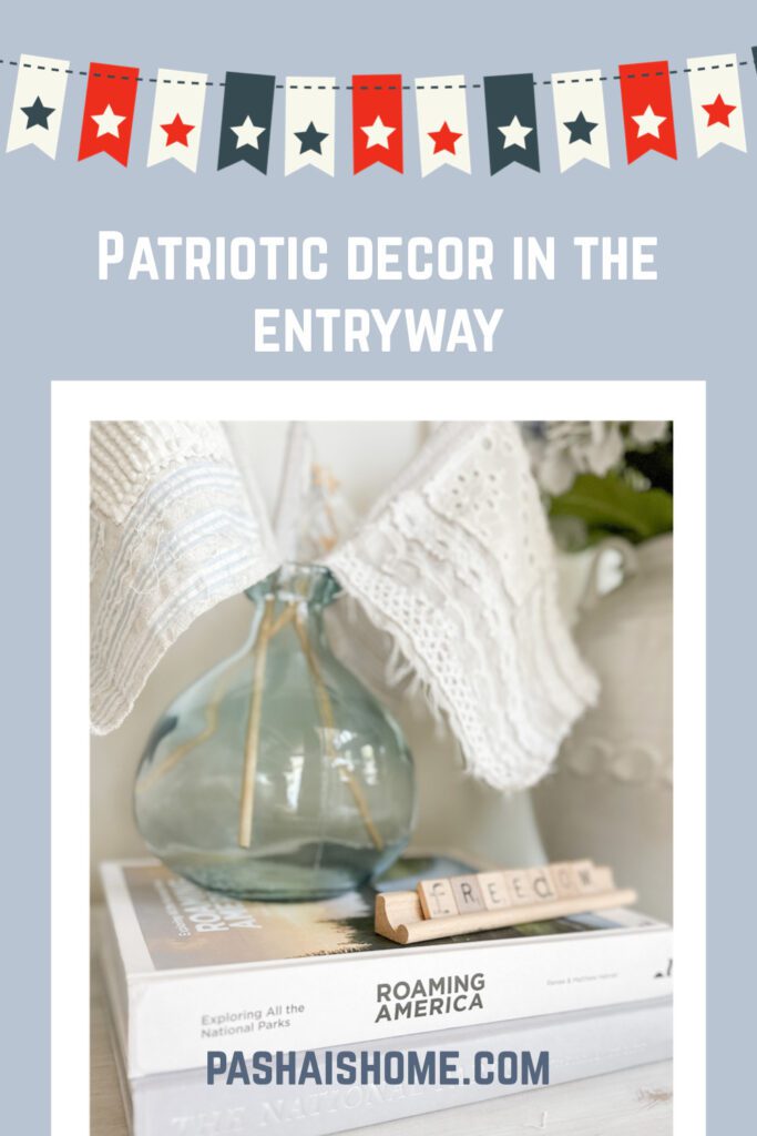 Red white and blue decor ideas | patriotic decor for the entryway | Easy and effortless Americana decor in the entryway | Fourth of July decor ideas | Using a jean jacket and cowboy hat as Americana decor | Blue hydrangeas for Fourth of July decor | National Parks coffee table books | Over the table rod for a Fourth of July party | Red white and blue star garlands over the table 