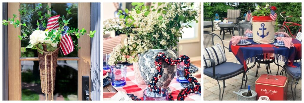 Red white and blue decor ideas | patriotic decor for the entryway | Easy and effortless Americana decor in the entryway | Fourth of July decor ideas | Using a jean jacket and cowboy hat as Americana decor | Blue hydrangeas for Fourth of July decor | National Parks coffee table books 