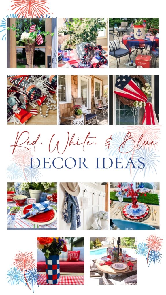 Red white and blue decor ideas | patriotic decor for the entryway | Easy and effortless Americana decor in the entryway | Fourth of July decor ideas | Using a jean jacket and cowboy hat as Americana decor | Blue hydrangeas for Fourth of July decor | National Parks coffee table books 