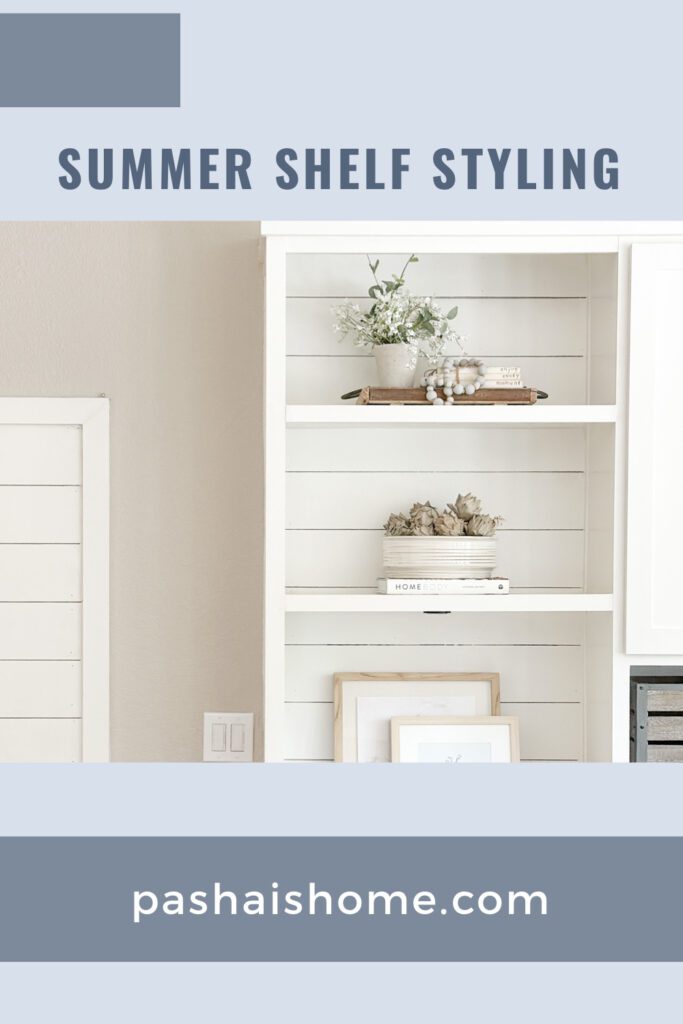 Summer shelf styling ideas | Decorating shelves for summer | Living spaces shelf decor | Using faux flowers for shelf decor | Using coffee table books on your shelves | Decor ideas for your summer shelf styling