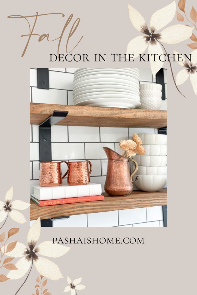 How to use warm fall decor in the kitchen | Fall home tour | Fall kitchen ideas | Kitchen decor for fall | Seasonal decor in the kitchen | Fall appetizer plates and salt and pepper shakers as decor | faux fall stems in the kitchen | Kitchen island fall decor | Decorating open shelves in the kitchen for fall | 