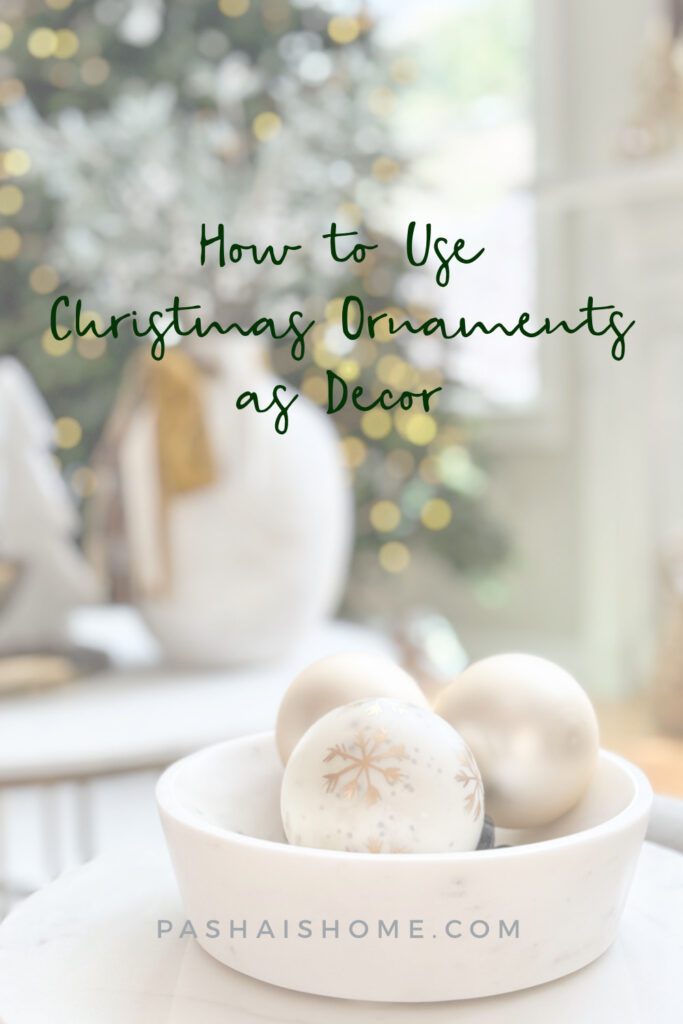 How to use Christmas ornaments as decor | Christmas vignette ideas | Ornaments in bowls as decor | Marble bowls with gold ornaments | Christmas decor ideas for coffee tables and console tables | Christmas ornaments on the mantel 