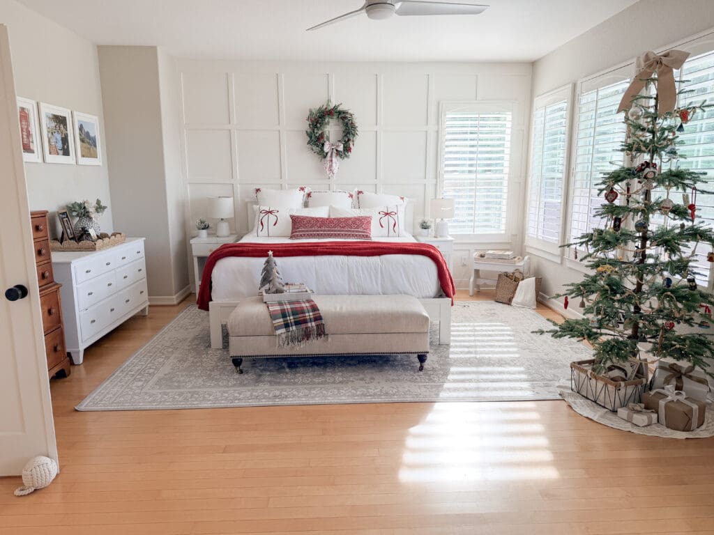A stylish and classic Christmas home tour | How to decorate your home for the holidays using some sparkly decor plus traditional red decor in some spaces | Silver and gold Christmas decor | Red plaid bedroom decor | How to decorate your kitchen for Christmas | What to do with your European Christmas market mugs