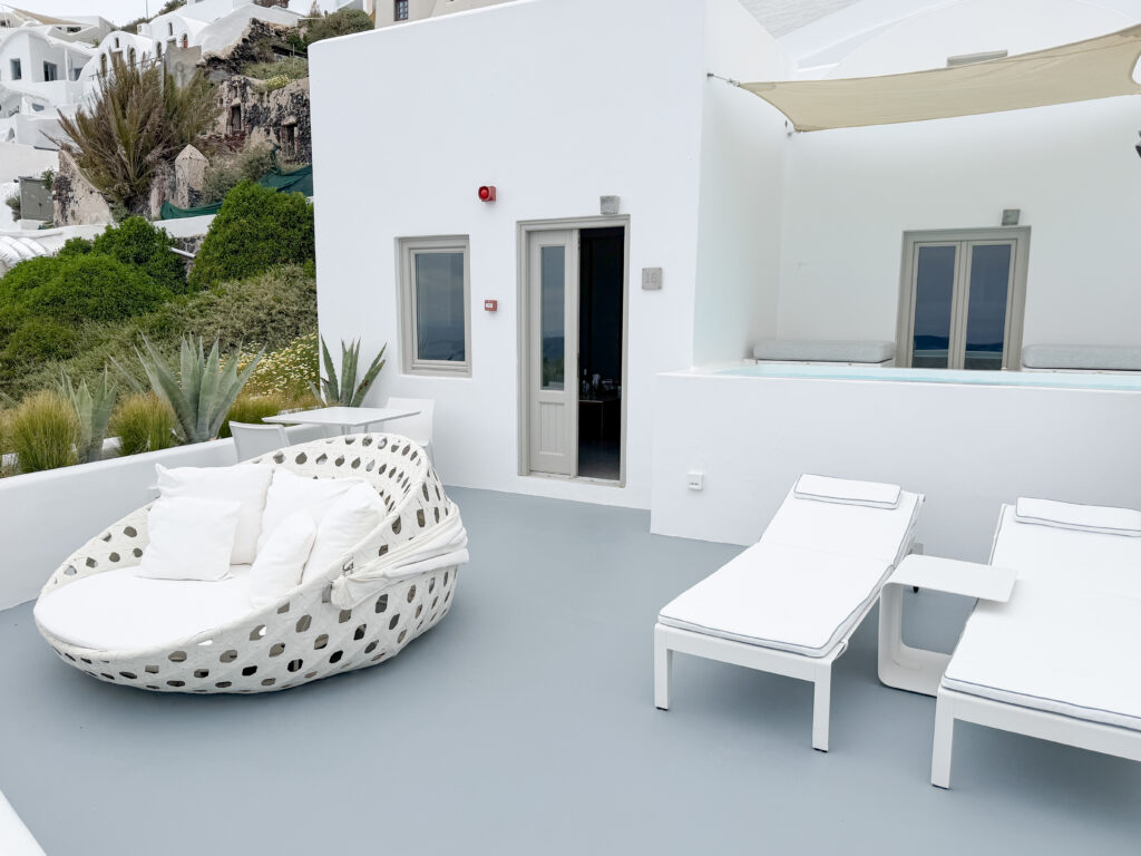 April in Santorini Greece: A Complete Guide | Best luxury hotels in Santorini Greece | Where to stay in Santorini for a quieter slower visit | Where to eat in Santorini | Best restaurants in Santorini | What to do in April in Santorini | Is visiting Santorini in April worth it? | What is open in Santorini in April | How to get to Santorini | Blue Star Ferry vs SeaJets from Naxos to Santorini | Is the Santorini airport easy to navigate  | Should I rent a car in Santorini | Grace Hotel Santorini review | how hard is the Fira to Oia hike? | April in Santorini | Empty nest travels to Greek Islands 